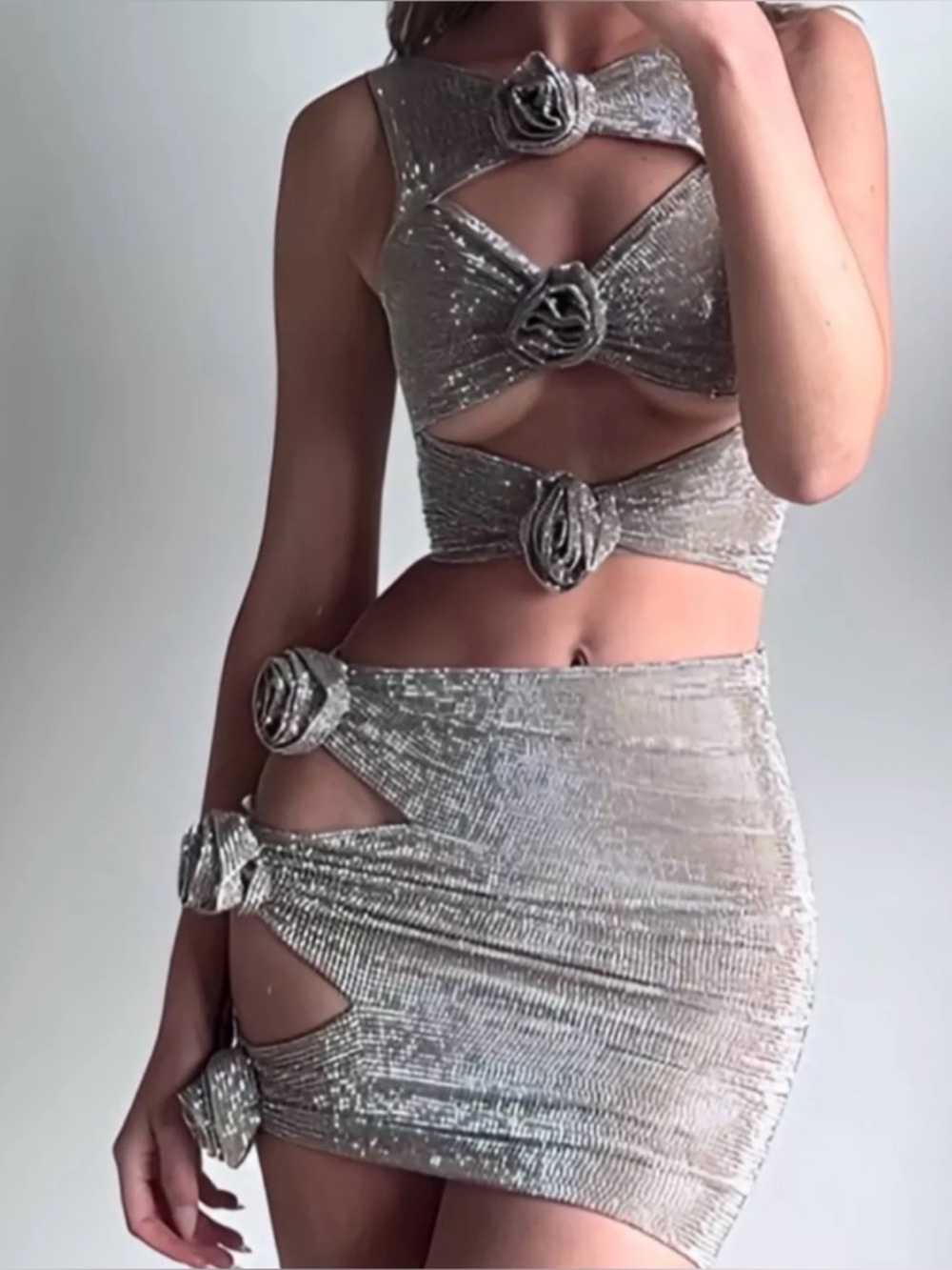 Silver Crystal Embellished Cutout Flower Mini Two Piece Set